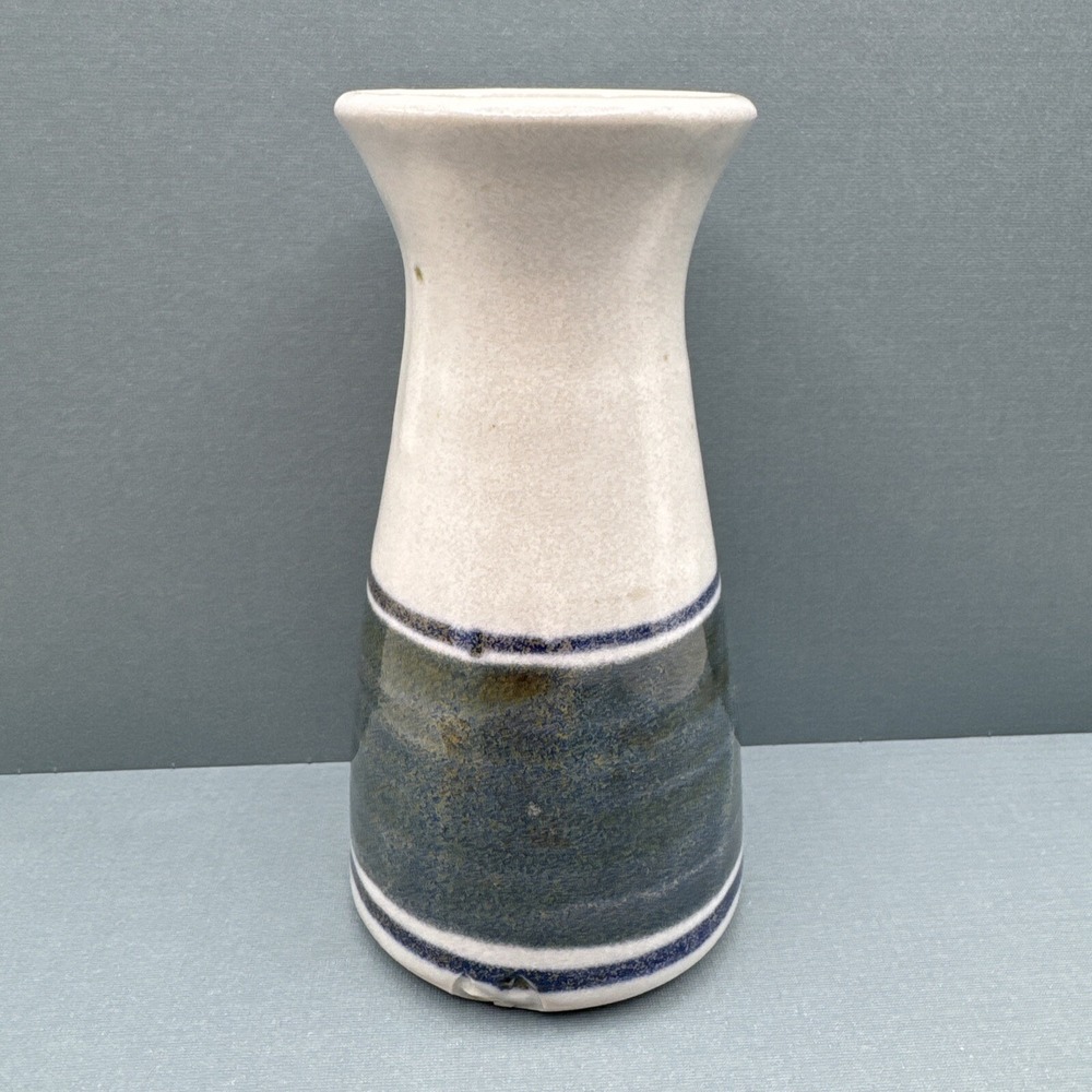 Vintage Studio Art Pottery Bud Vase Signed Small Green Banded Farmhouse Neutral